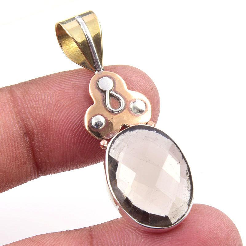 Natural Smoky Quartz 925 Solid Sterling Silver TwoTone Gift Pendant 1.75" N5u15