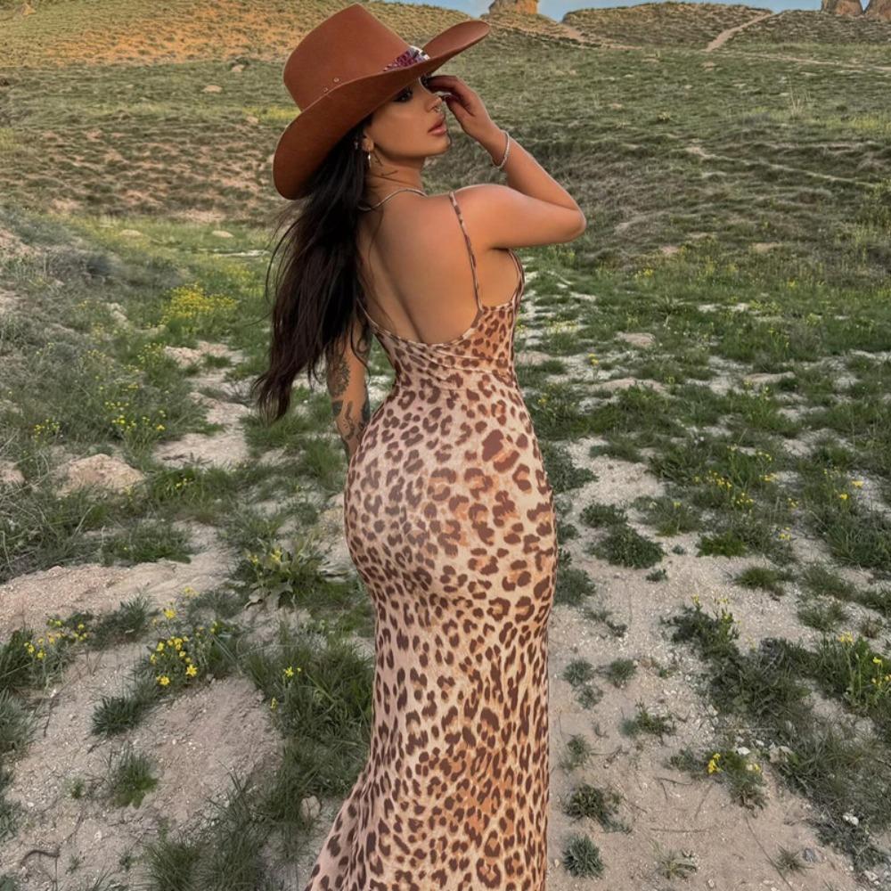 V-neck Vintage Long Dress High Waist Sleeveless Party Dress Elegant Leopard Tulle Dress Beach Wear
