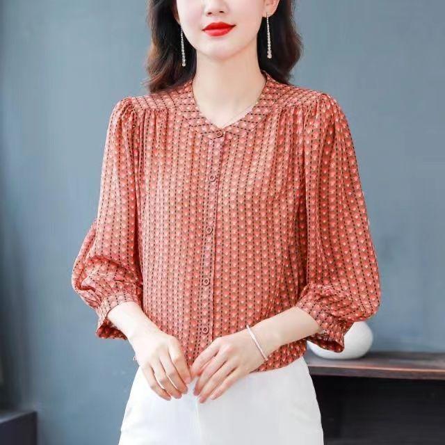 Fashionable Floral Chiffon Shirt for Women, Summer Versatile Seven Quarter Sleeved Loose Printed Top