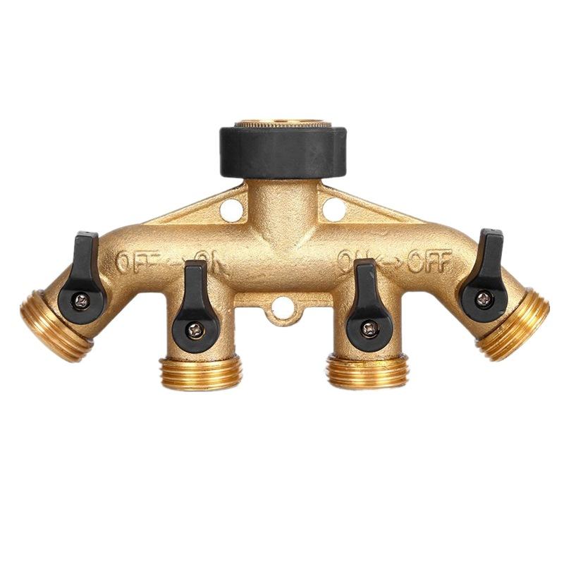 4-Way Brass Water Splitter with Shut-off Valves, EU Standard Garden Tap Connector, High Pressure Hose Distributor Set