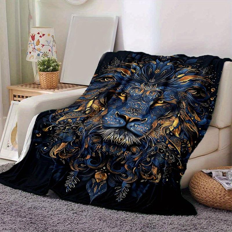 1pc Blue and Gold Ornate Lion Portrait Blanket Soft and Cozy for All Seasons, Living Room, Travel, Camping, Car Blankets