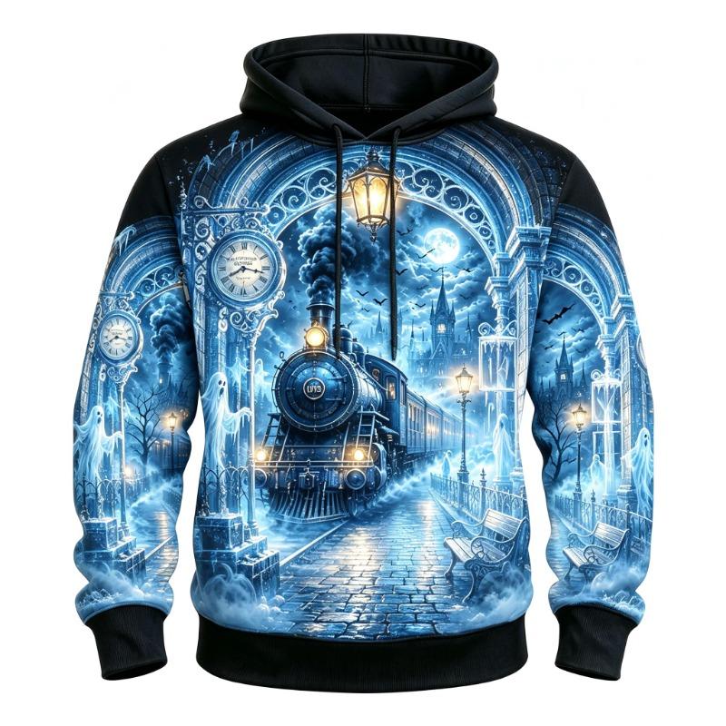 Men's Ghost Steam Train Station Full Print Hoodie Halloween Gothic Long Sleeve Drawstring Sweatshirt For Streetwear