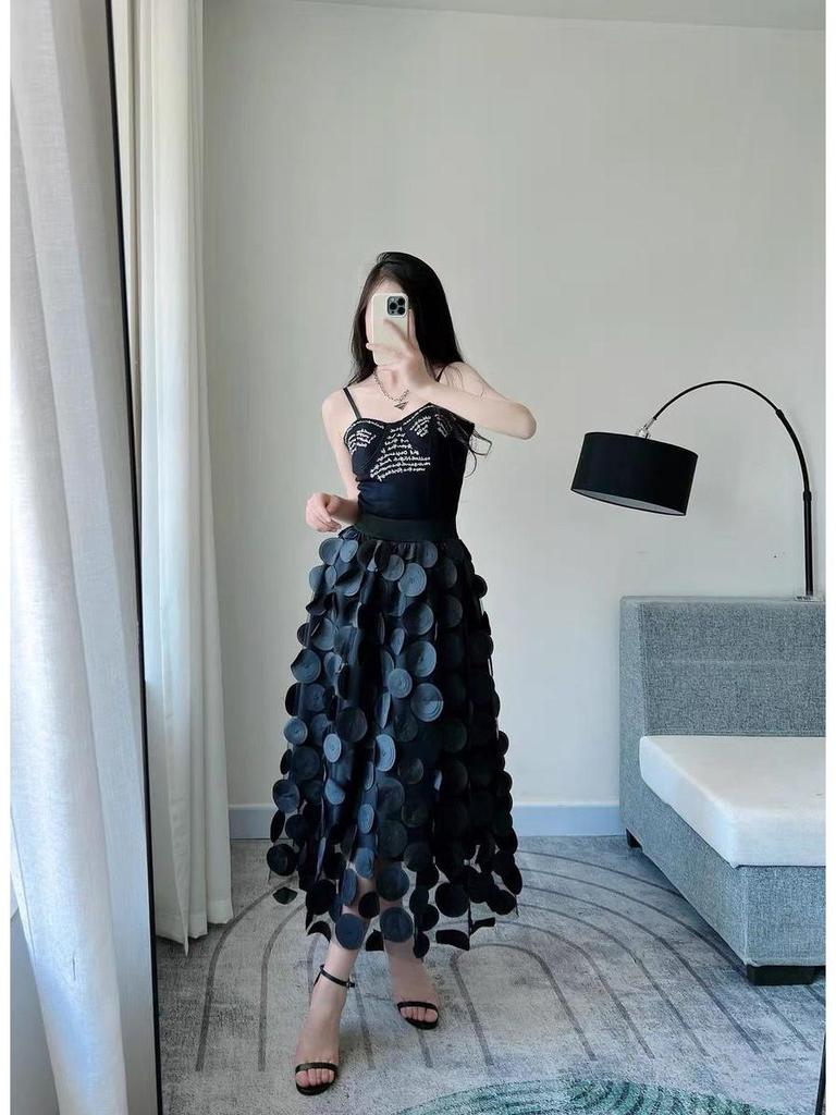 Women's European-Style Black Midi Skirt - 2025 High-End Mesh A-Line Umbrella Design