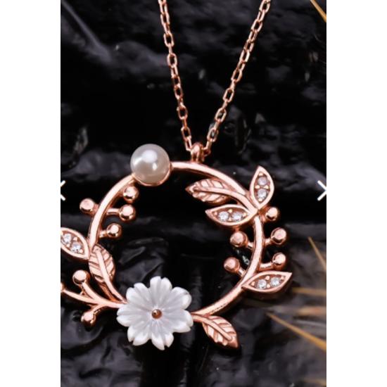 925 Sterling Silver Pearl And Pearl Magnolia Flower Necklace