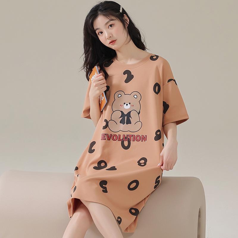 2024 Women's Cute Cartoon Summer Short-Sleeve Nightdress, Thin Large Size, Indoor/Outdoor Wear