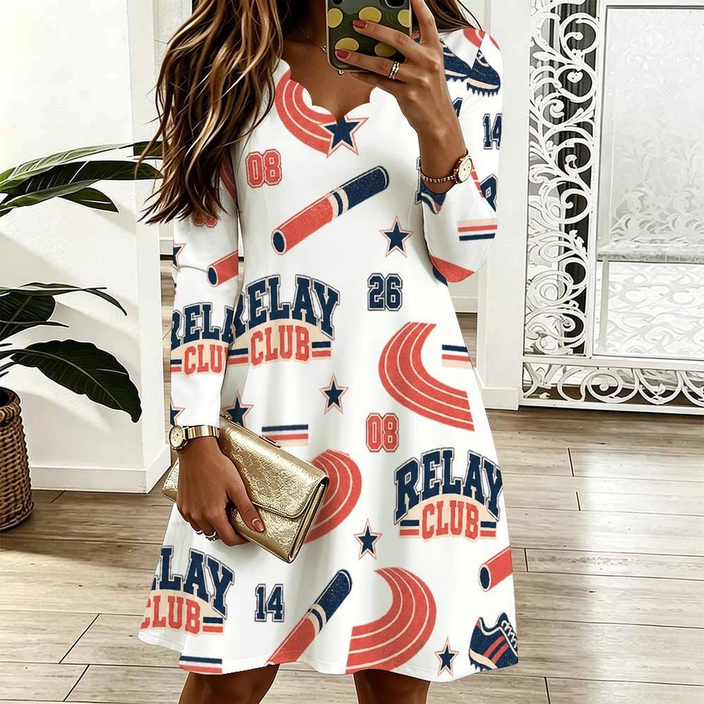 Women Plus Size Scallop V Neck Long Sleeve White Printed Casual Dress