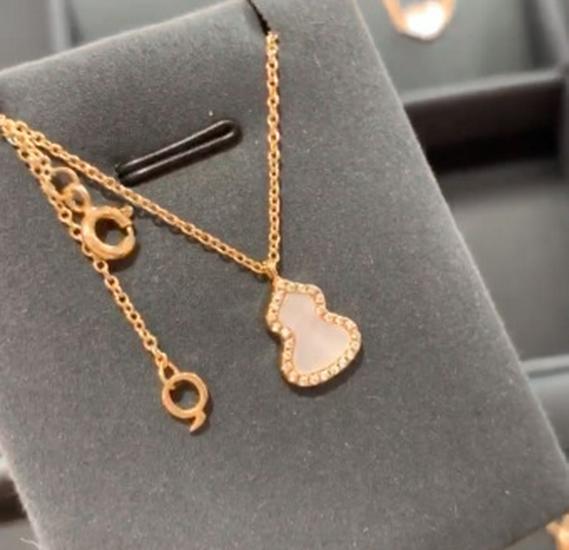 V Gold Exquisite Kylin Gourd Necklace, Medium Mother-of-Pearl & Red Agate, 18K Rose Gold CNC Carved.