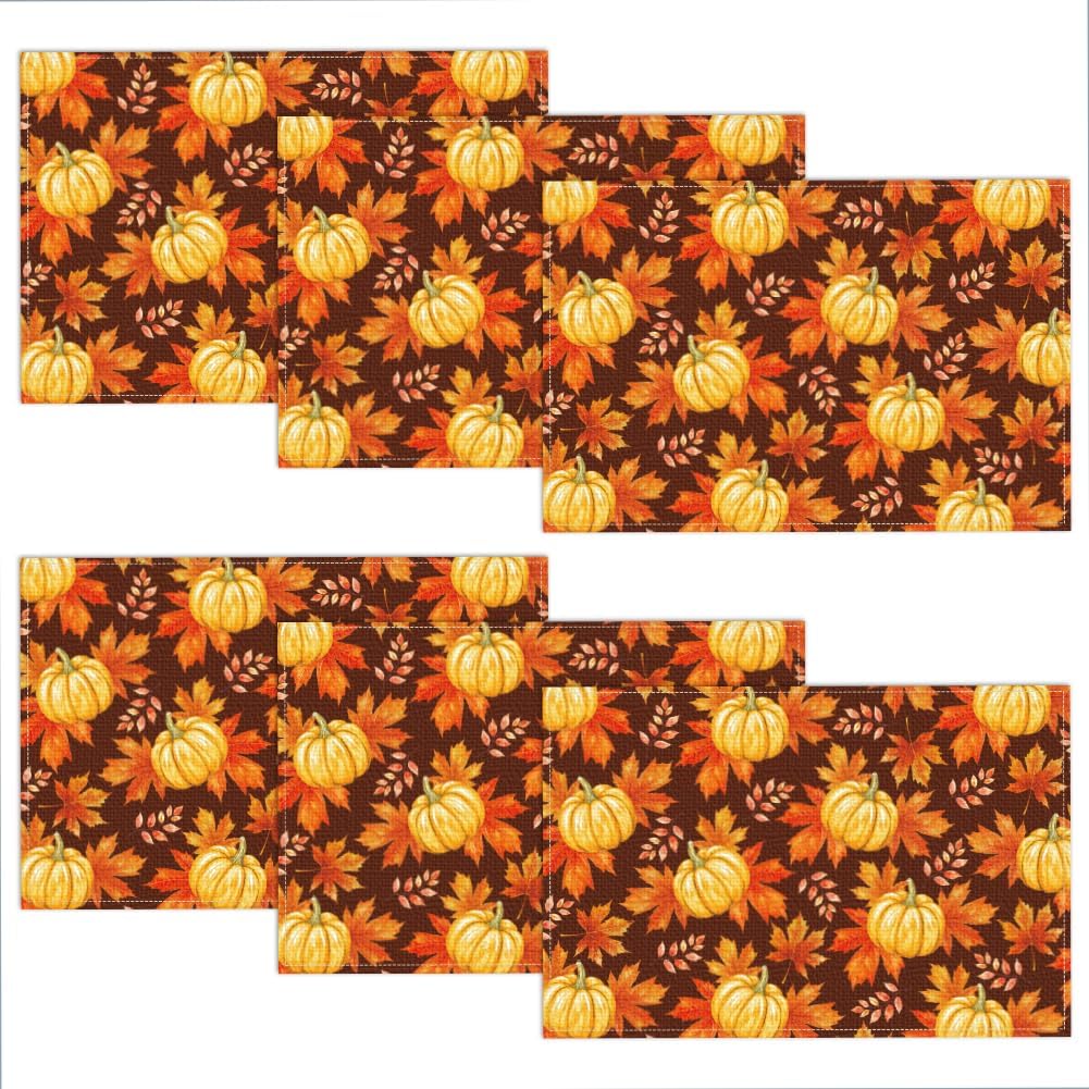 WADORN Flowers Cat Placemats Set of 6, Black Cat Wildflowers Cloth Table Place Mats 11.8x17.7 Inch Non-Slip Linen Washable Table Mats Heat Resistant