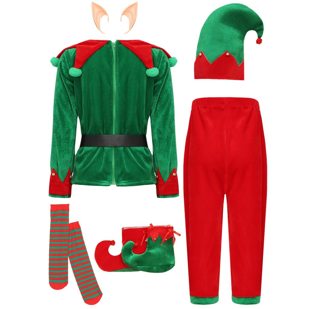 7 шт. Детский милый рождественский костюм эльфа для мальчиков, комплект из рубашки, брюк, шапки, силиконовых ушек эльфа, пояса, чулок и чехлов для обуви