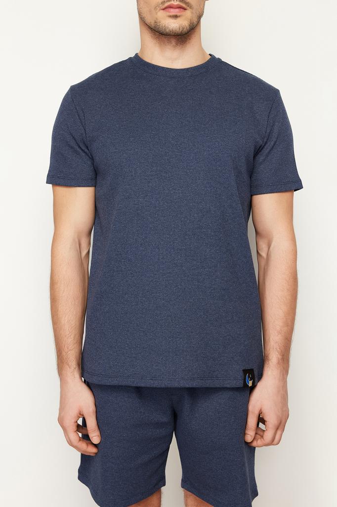 Men's Fashion New Pajama Set Indigo Regular Fit Waffle Knitted Pajama Set with Shorts