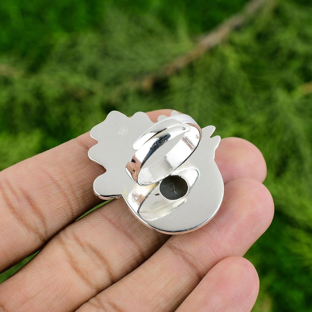 925 Silver Natural Labradorite Rough Solitaire Flower Adjustable Ring
