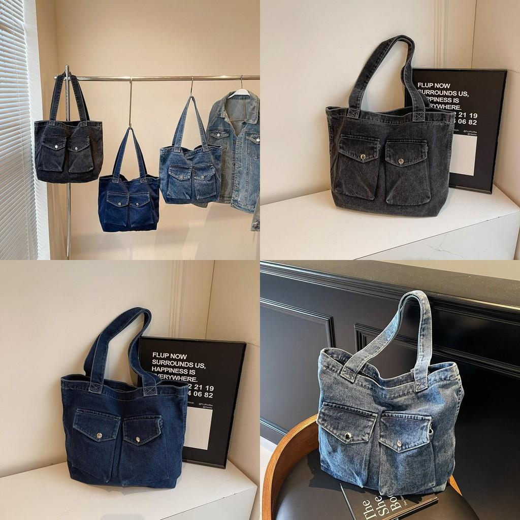 Fashionable Womens Tote Bag In Denim Fabric With Double Shoulder Straps For Commuting