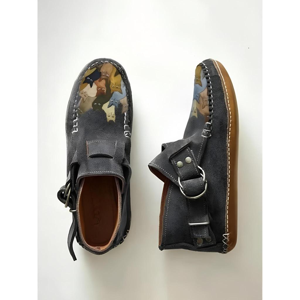 Ботинки Plover женские Comfort Cartoon Cat Printed Leather Button Casual Flat Ankle - 6 Purple