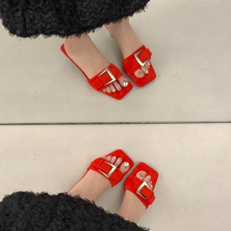 Summer Fashion Square Toe Slippers Women Buckle Strap Low Heels Beach Sandals Slide Party Shoes Zapatos De Mujer