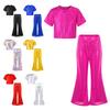 Kids Girls Shiny Sequins Party Sets Round Neckline Crop Top with Elastic Waistband Flared Pants for Dance Stage Performance