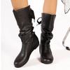 Women's Slouchy Mid Calf Western Boots Faux Leather Riding Boots Wide Calf Pull On Flat Boots for Women Round Toe Fall Winter Booties Shoes