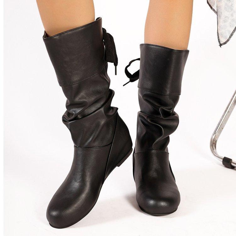 Women's Slouchy Mid Calf Western Boots Faux Leather Riding Boots Wide Calf Pull On Flat Boots for Women Round Toe Fall Winter Booties Shoes