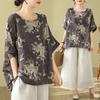 Cotton Linen Plus Size Women's Printed T-shirt Summer Ethnic Style Bat Sleeves Slimming Loose Floral Top Shirts