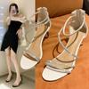 One Word with Roman Sandals Women's Popular Buckle New High-heeled Rhinestones Fairy Wind Stiletto High Heels Women's Summer Sandals