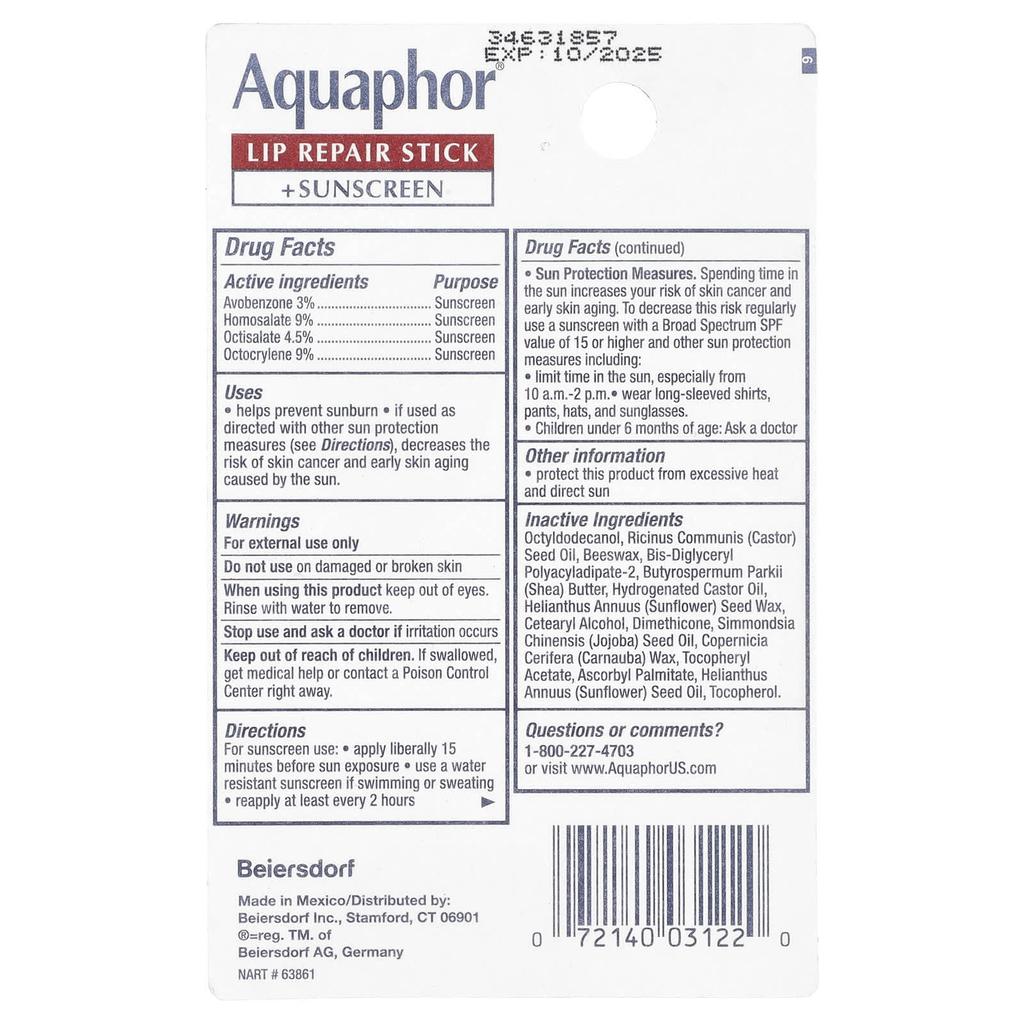 Aquaphor Помада для губ + защита от УФ-излучения, SPF 30, без запаха, 4,8 г (0,17 унции)