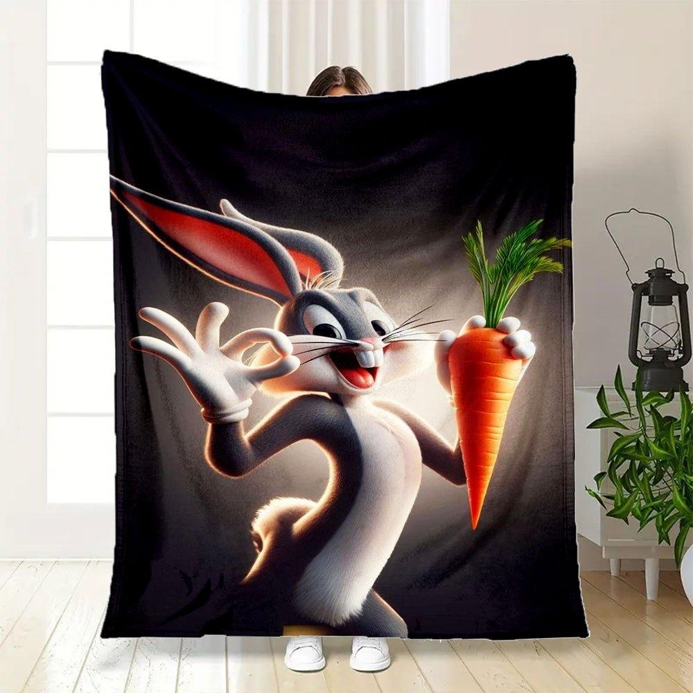 "Bugs Bunny with Carrot - Classic Cartoon Character Art Print"Blanket Flannel Throw Blanket for Sofa, Bed, Travel, Camping, Office