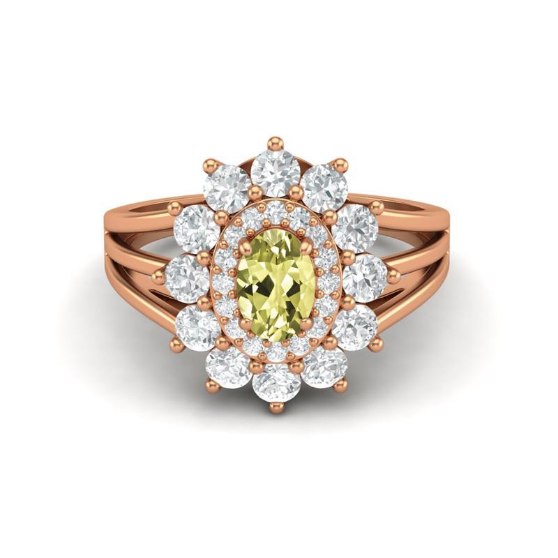 6X4MM Oval Lemon Quartz Gemstone 925 Sterling Silver Rose Plated Halo Split Shank Ring