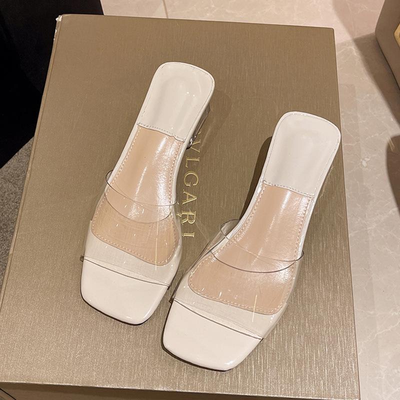 Transparent Cool Slippers Women's Outer Wear Summer New High-end Thick Heel Square Head Niche High Heel Slippers Ins Tide
