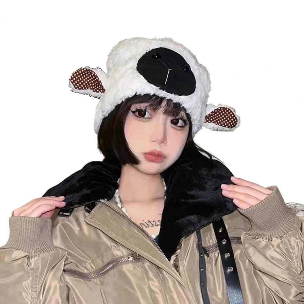 Lady Winter Hat Cartoon Lamb Head Shape Thick Fleece Ear Dome Heat Retention Outdoor Photo Prop Daily Cap
