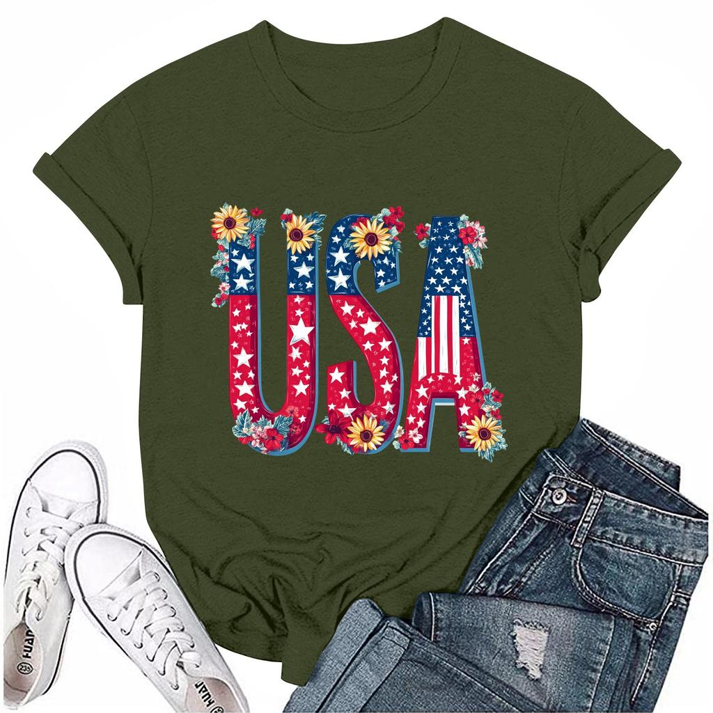 Women's Round Neck Casual Independence Day Printed Short Sleeve T-Shirt Top