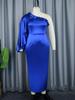 AOMEI Blue Satin Sheath Dresses for Women One Shoulder Ruffles Long Sleeves Bodycon Celebrate Birthday Cocktail Event Party Long Outfits