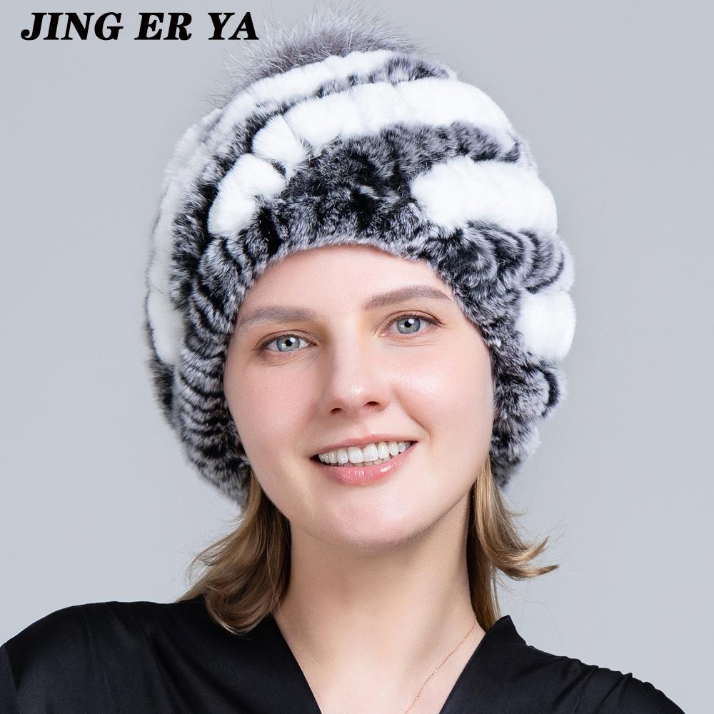 Вязаные шапки с помпоном для женщин, шапочки, однотонные эластичные шапки из меха кролика рекс, зимняя шапка Skullies, модные шапки из натурального меха