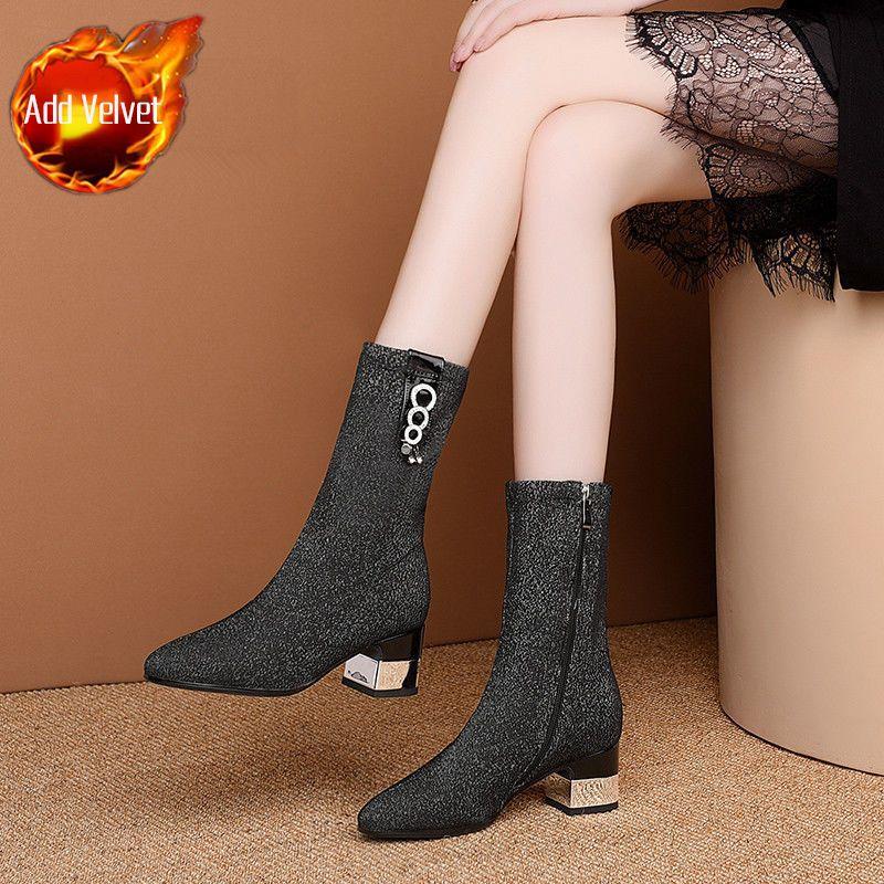 Модные туфли до середины голени, женские, с острым носком, на среднем каблуке, эластичные, полувысокие, женские, большие размеры, теплые, удобные и элегантные