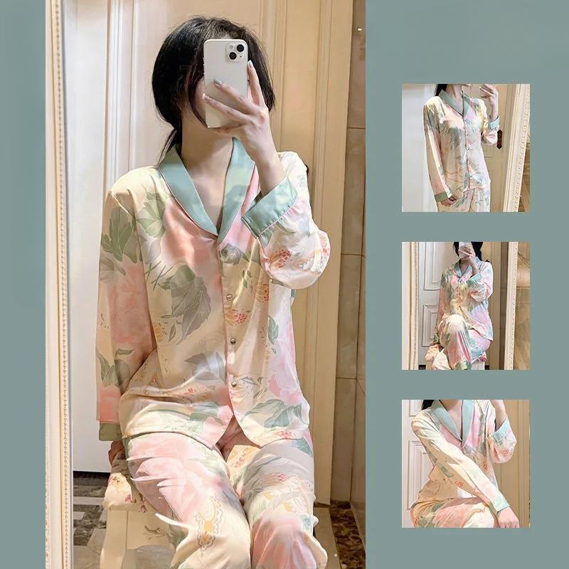 Nightwear Women's Summer High-End Celebrity Style Gardenia Senior Sense of Home Wear Silk Thin Section Pajamas Suit