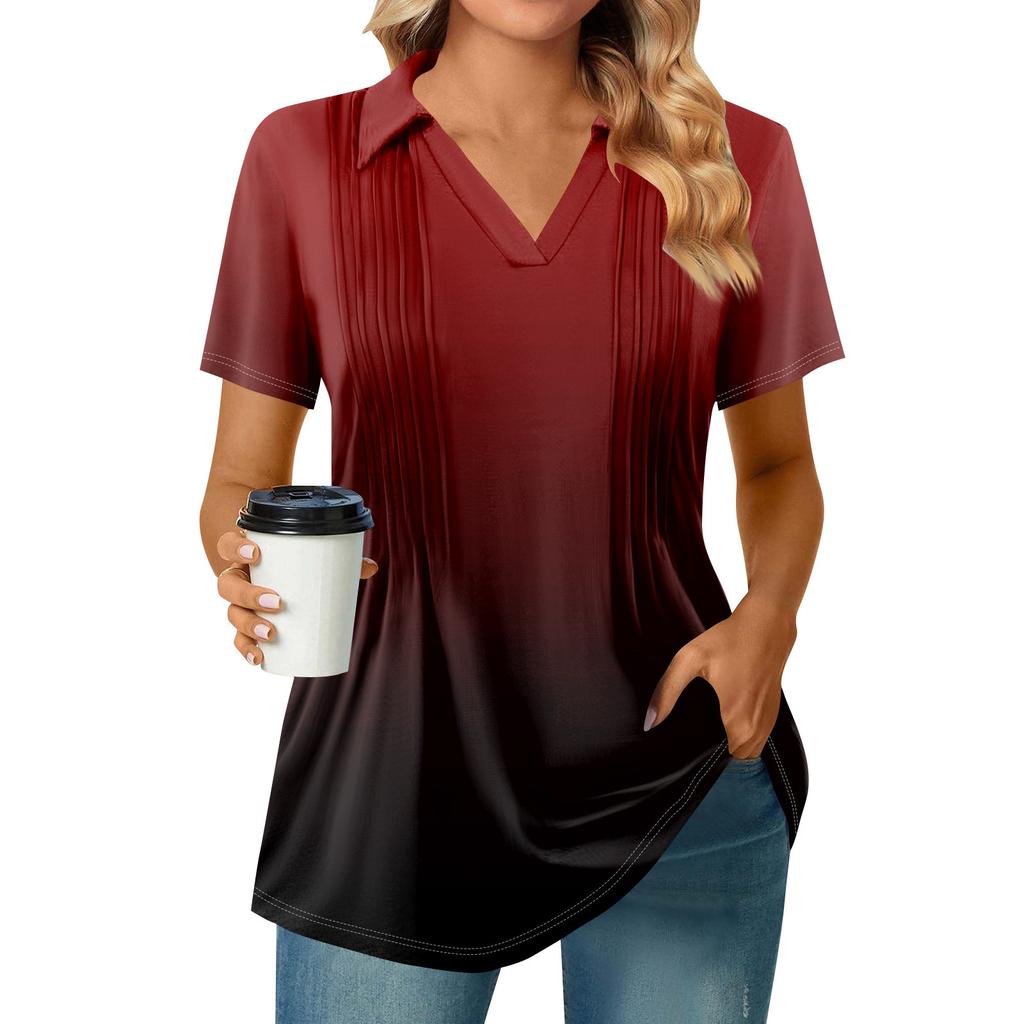 Женские футболки с коротким рукавом, плиссированные, с V-образным вырезом, с принтом, с воротником, летние топы, модные, деловые, повседневные, рабочие
