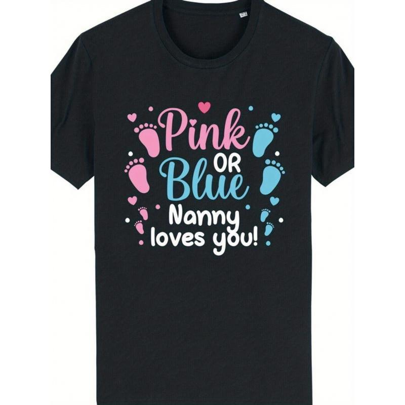 Men'S & Women'S Pink or Blue Gender Reveal T-Shirt - Baby Shower Announcement with Baby Footprints & "Nanny Loves You" Slogan, Cotton Casual Round
