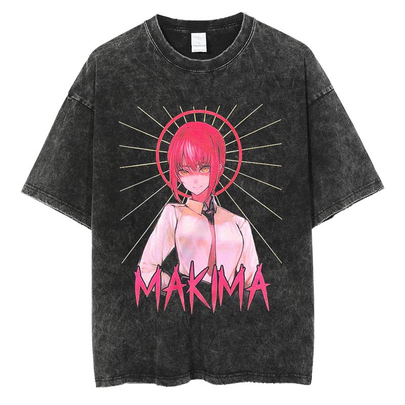 Chainsaw Man Anime Clothing Makima Graphic Print Tee Men Women Oversized Casual Tshirts Harajuku Male Washed Cotton T-shirt