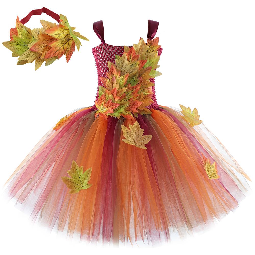 Осенние кленовые листья Костюмы фей для девочек Лесные лесные эльфийские принцессы Платья с крыльями Детский Хэллоуин Рождественский наряд