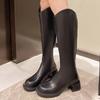 Зимние женские высокие сапоги Кожаные туфли на среднем каблуке Сапоги до колена на массивной подошве Мотоциклетные сапоги Тренд 2024 Новая модная обувь Лодочки Botas De Mujer