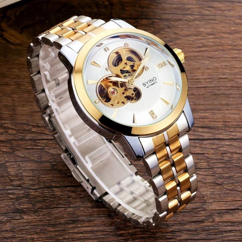 BYINO Мужские механические водонепроницаемые часы из золотой стали