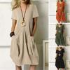 Solid Color Cotton and Linen Patch Bag Round Neck Short Sleeved Dress