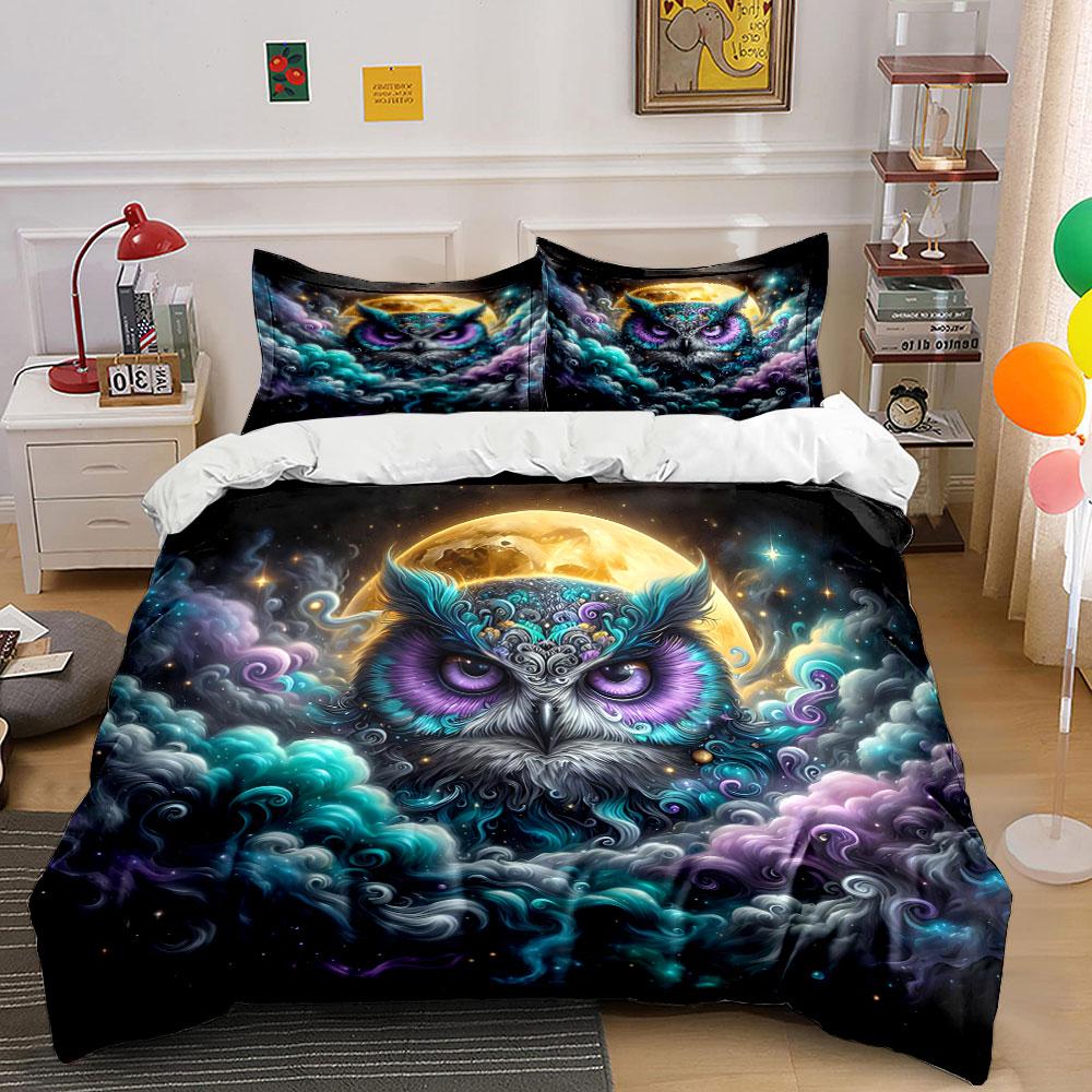 Mystical Owl Artwork Set Bedding Set with 1 Duvet Cover 2 Pillowcases Single Double King Queen, Gift