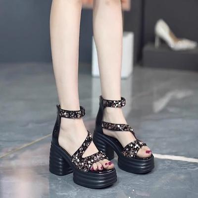 Европейские и американские туфли с пайетками, перекрестными ремешками, молнией сзади, на высоком каблуке, с толстой подошвой, с открытым носком, женские туфли