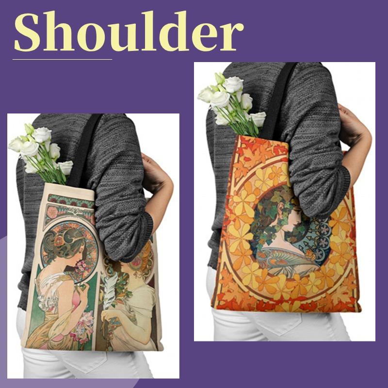 Холстовая большая сумка с плакатом серии Mucha, ретро-сумка на плечо, женская сумка с цифровой печатью и верхней ручкой