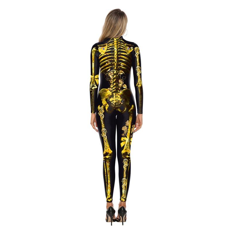 Halloween New Golden Rose Skeleton Print Stage Performance Suit Tight Elastic Men's and Women's One-piece Costume