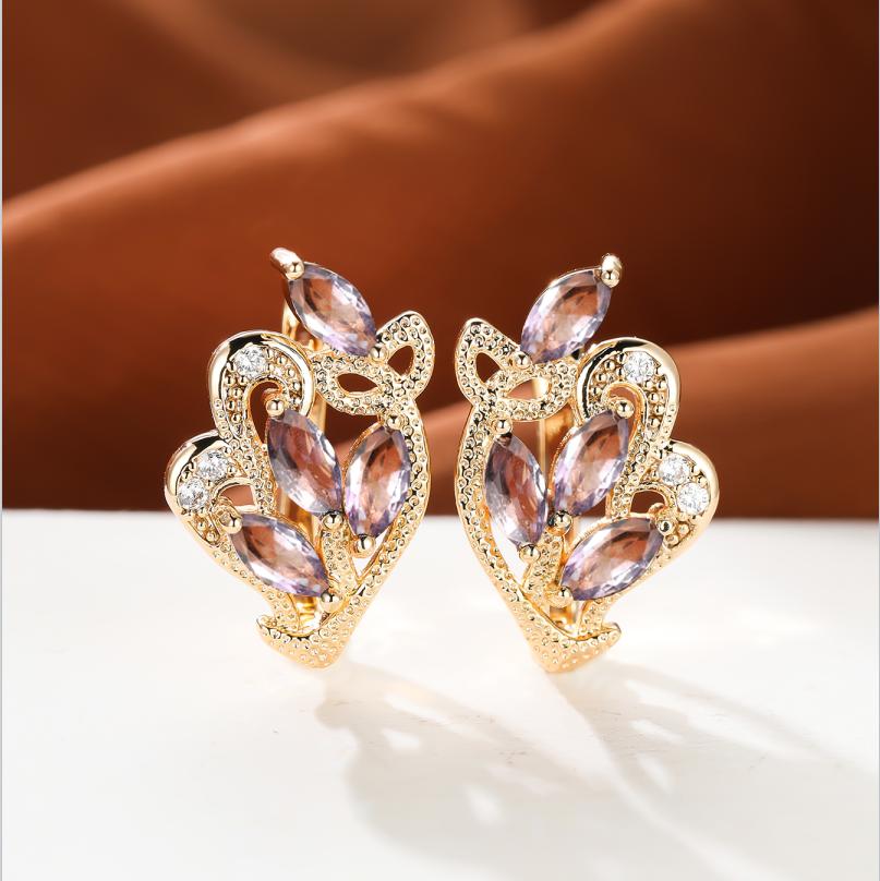 1 пара серег золотого цвета с радужным камнем и цветочным узором в виде листьев, красные, желтые, синие, зеленые, висячие полые серьги с камнями