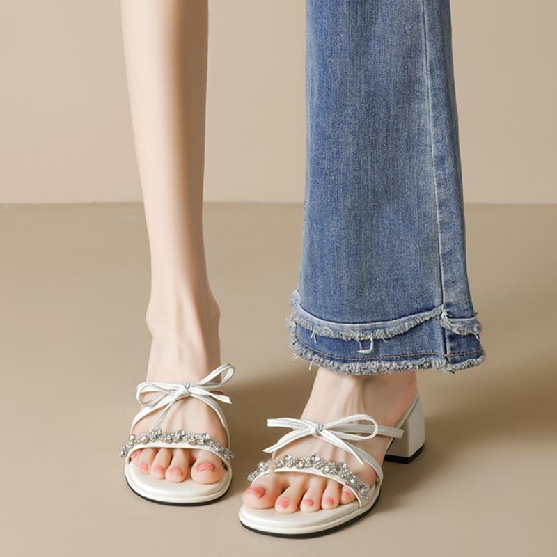 Fashion Sweet Butterfly-knot Narrow Band Slippers Women Luxury Rhinestone Design Brand Slide Sandals Comfort Elegant High Heeled Sandals