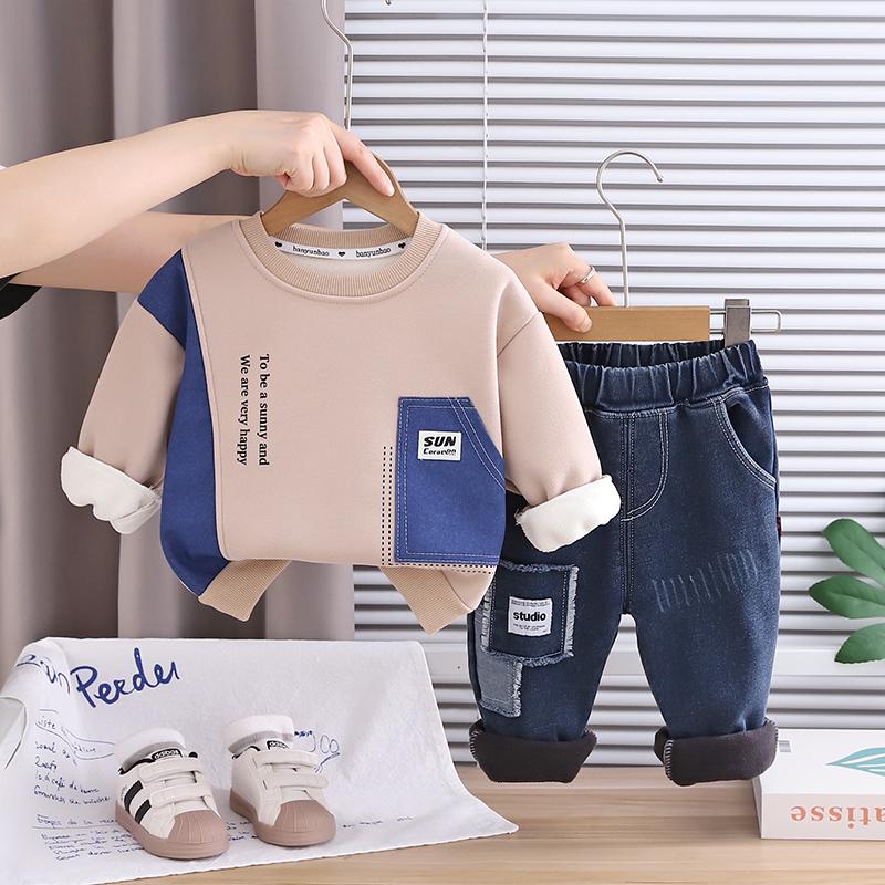 Комплект из 2 предметов с длинным рукавом для мальчиков, 0-5 лет Детская флисовая толстовка с английским принтом + джинсовые брюки