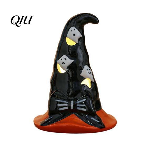 Ceramic Ghost Pumpkin Light Halloween Tealight Holder, Lighted Figurine with Hand Painted Night Witch Hat, Tiered Tray Tabletop Decor for Party