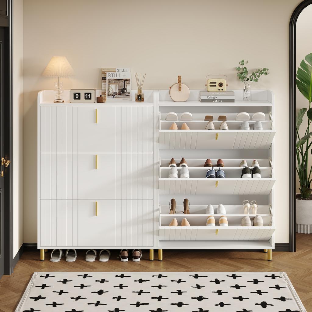 Two shoe cabinets with 3 flaps, two narrow shoe racks, 6 compartments, white, adjustable, anti-tip protection in the entrance area, 80*23.5*123.5 cm