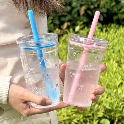 Однослойная прозрачная пластиковая бутылка для воды с соломинкой, простой принт с бантом, стакан для воды, офисная кружка для кофе, стакан для льда для матча, молочного чая